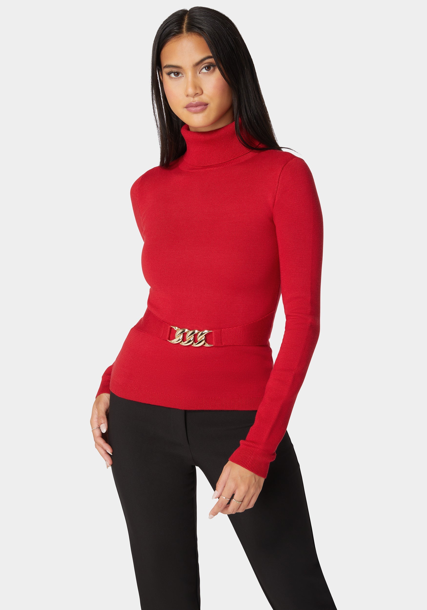 Fitted Turtle Neck Ornate Belt Sweater