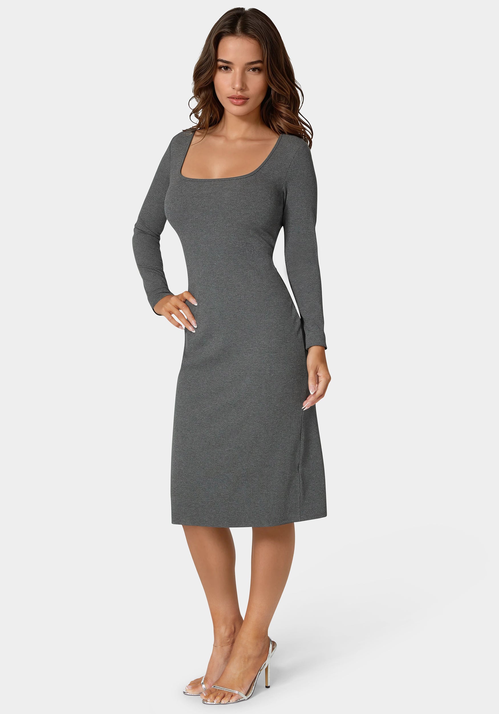 Long Sleeve Square Neck Rib Midi Dress