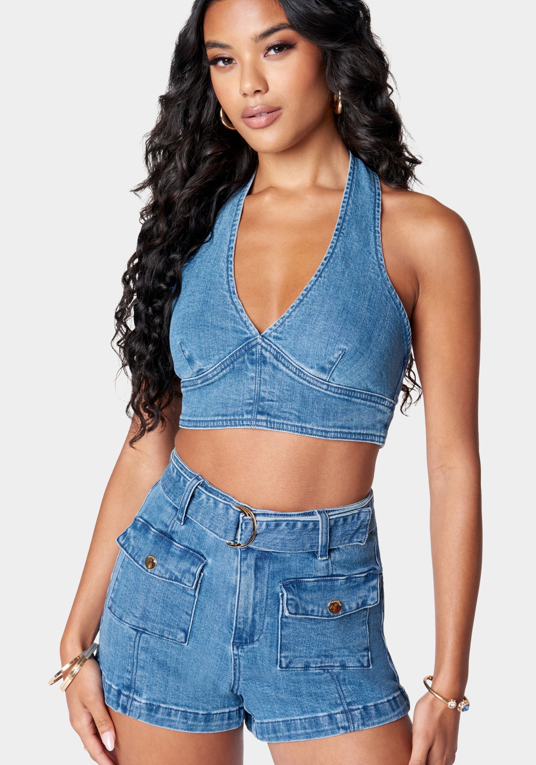 Deep V Neck Cropped Halter Denim Top