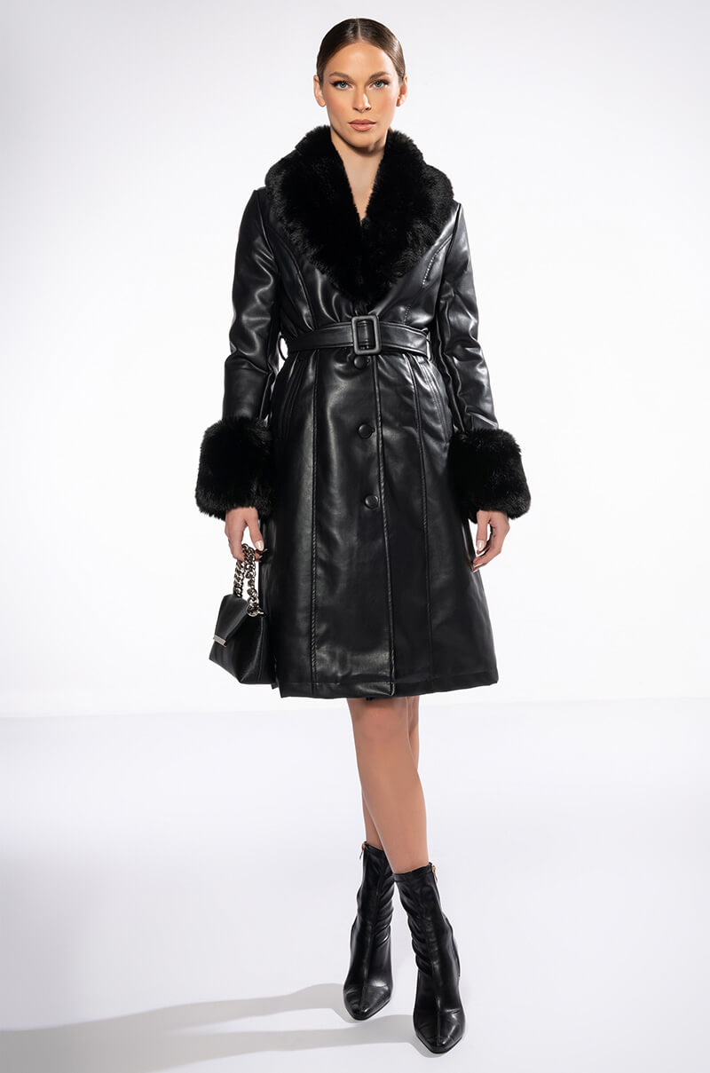 AZALEA WANG MARBOLO PU TRENCH WITH FAUX FUR TRIM