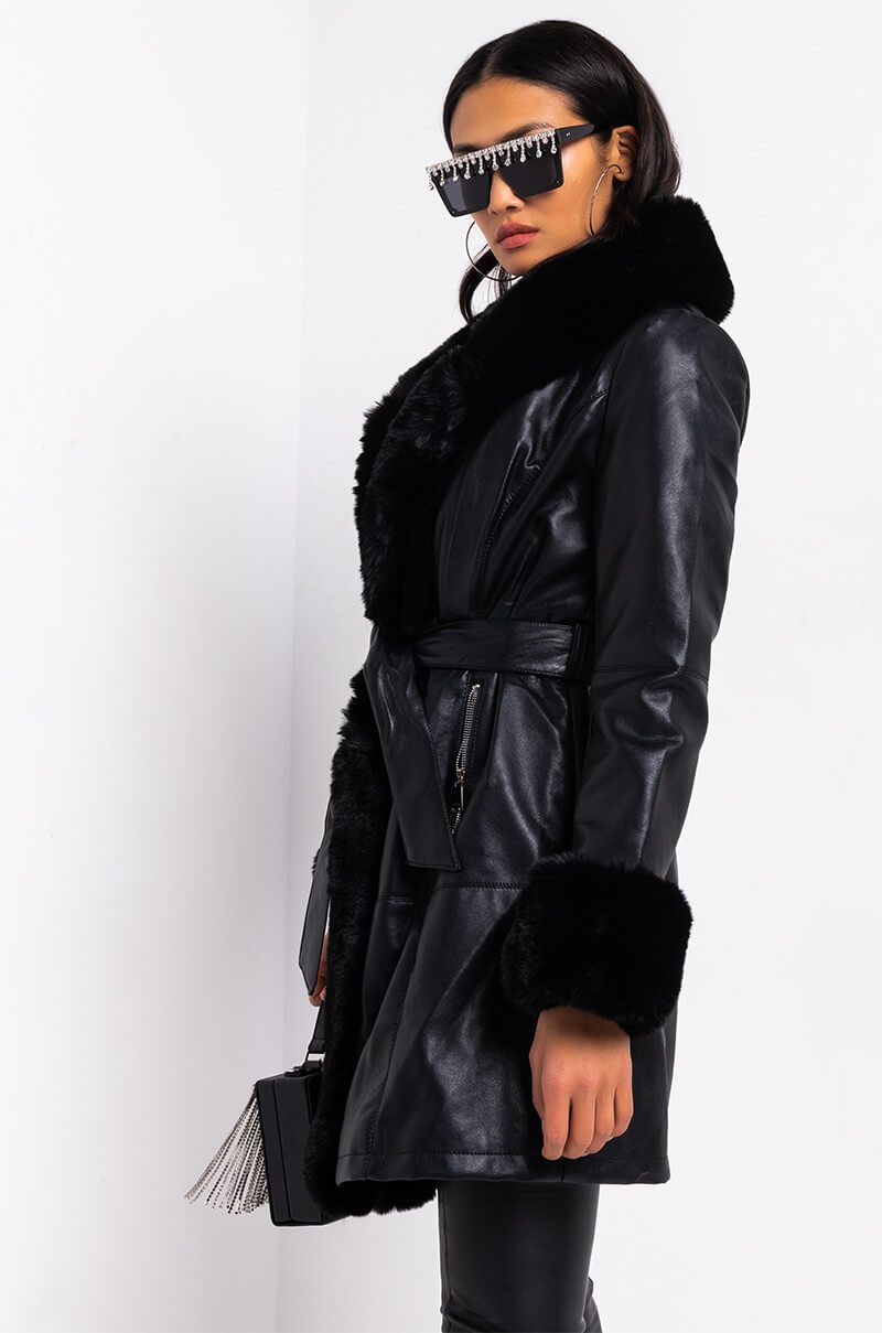 GRAM GIRL PU DRESSY COAT WITH FAUX FUR COLLAR AND WRISTS