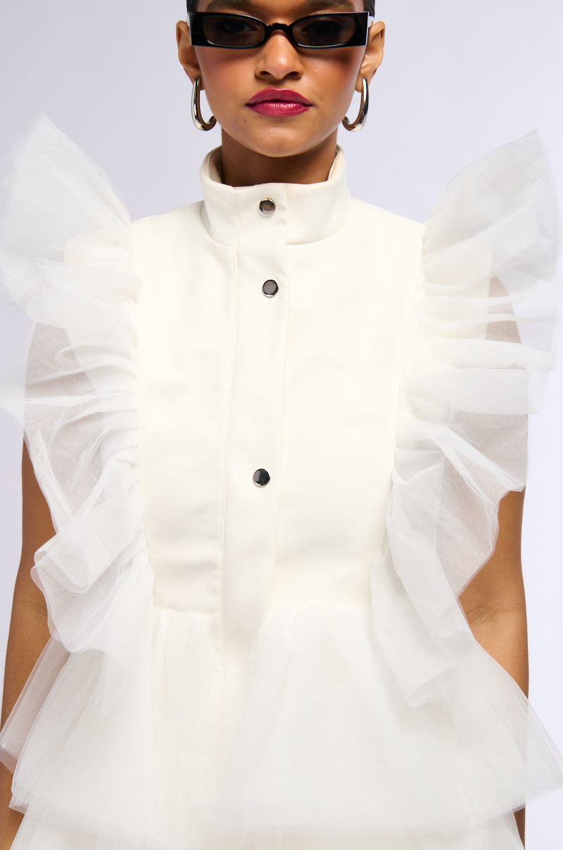 BUTTON DOWN RUFFLE TULLE VEST IN WHITE