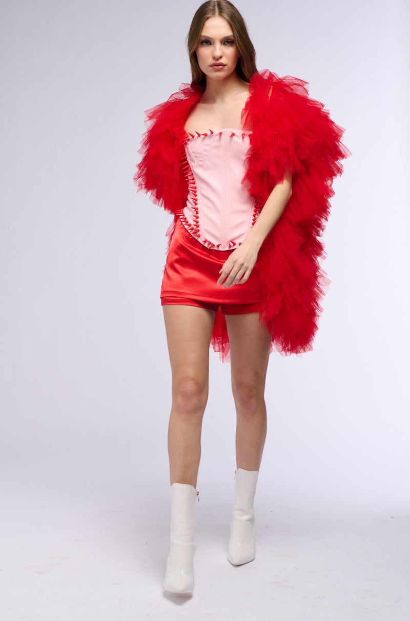 WANNA BE LOVED BY YOU TULLE WRAP SHRUG IN RED