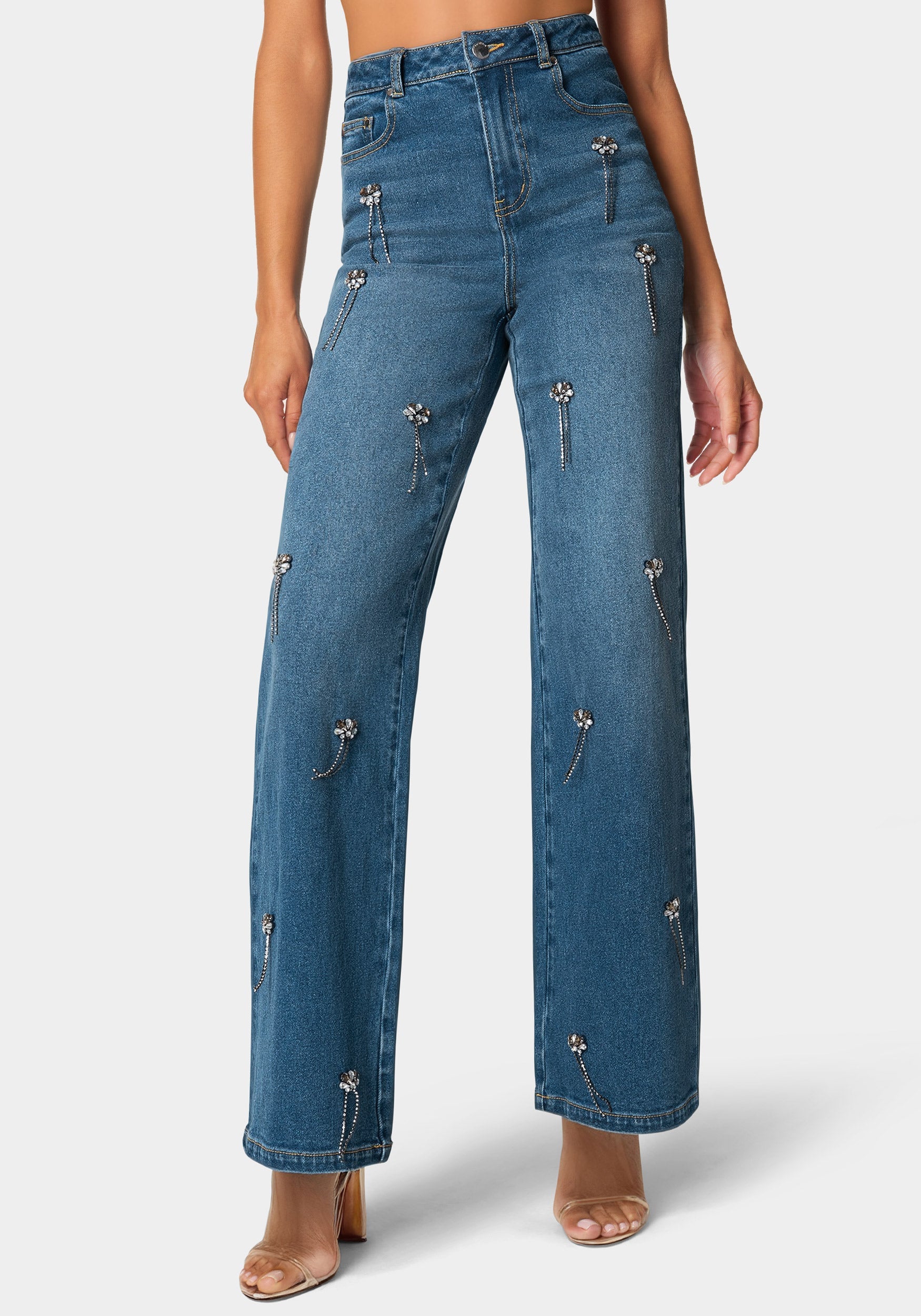 High Waist Clustered Rhinestone Wide Leg Jeans