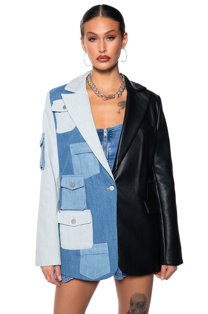 DO WHAT YOU DO HALF DENIM HALF PU BLAZER