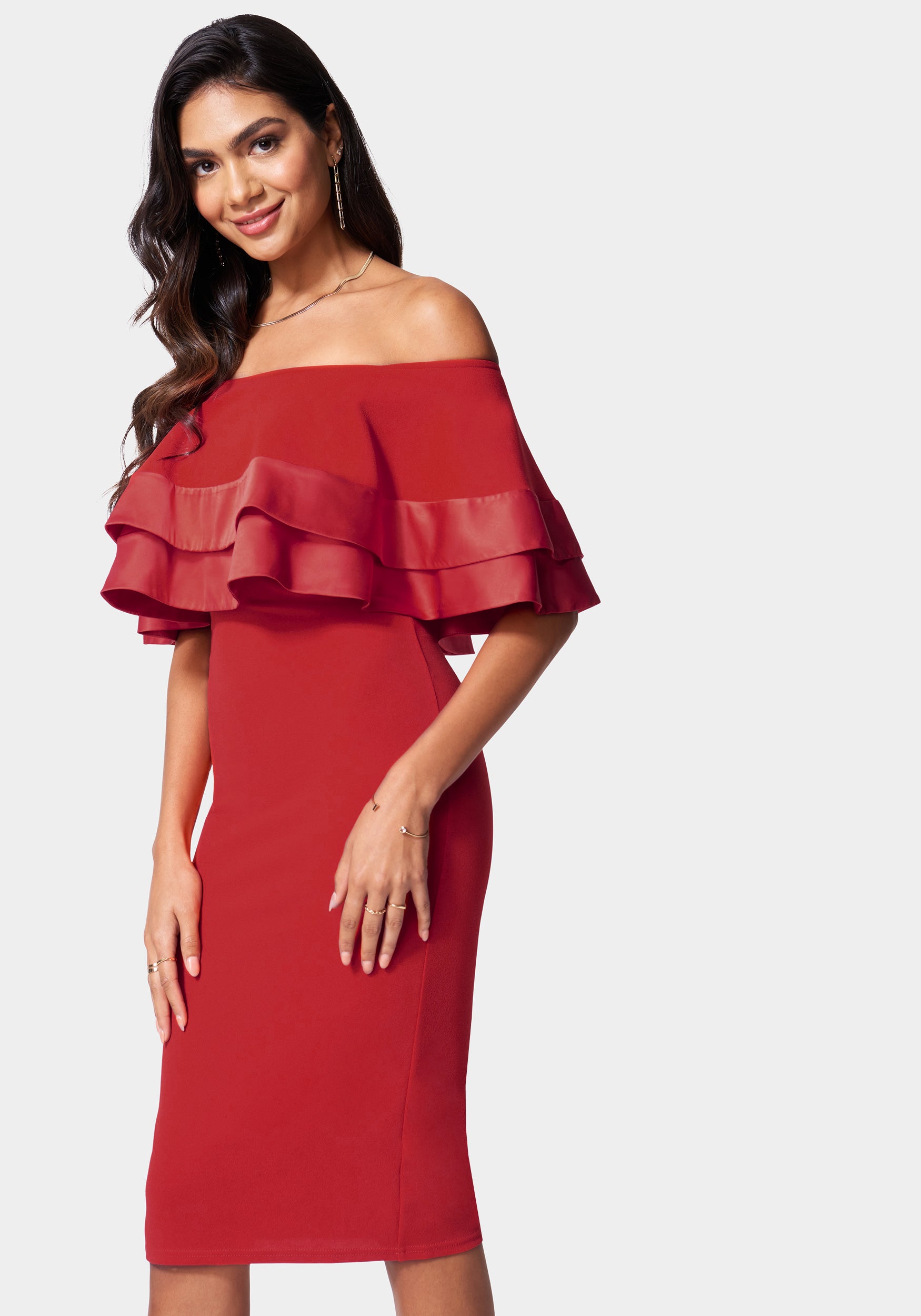 Satin Tip Off Shoulder Midi Dress