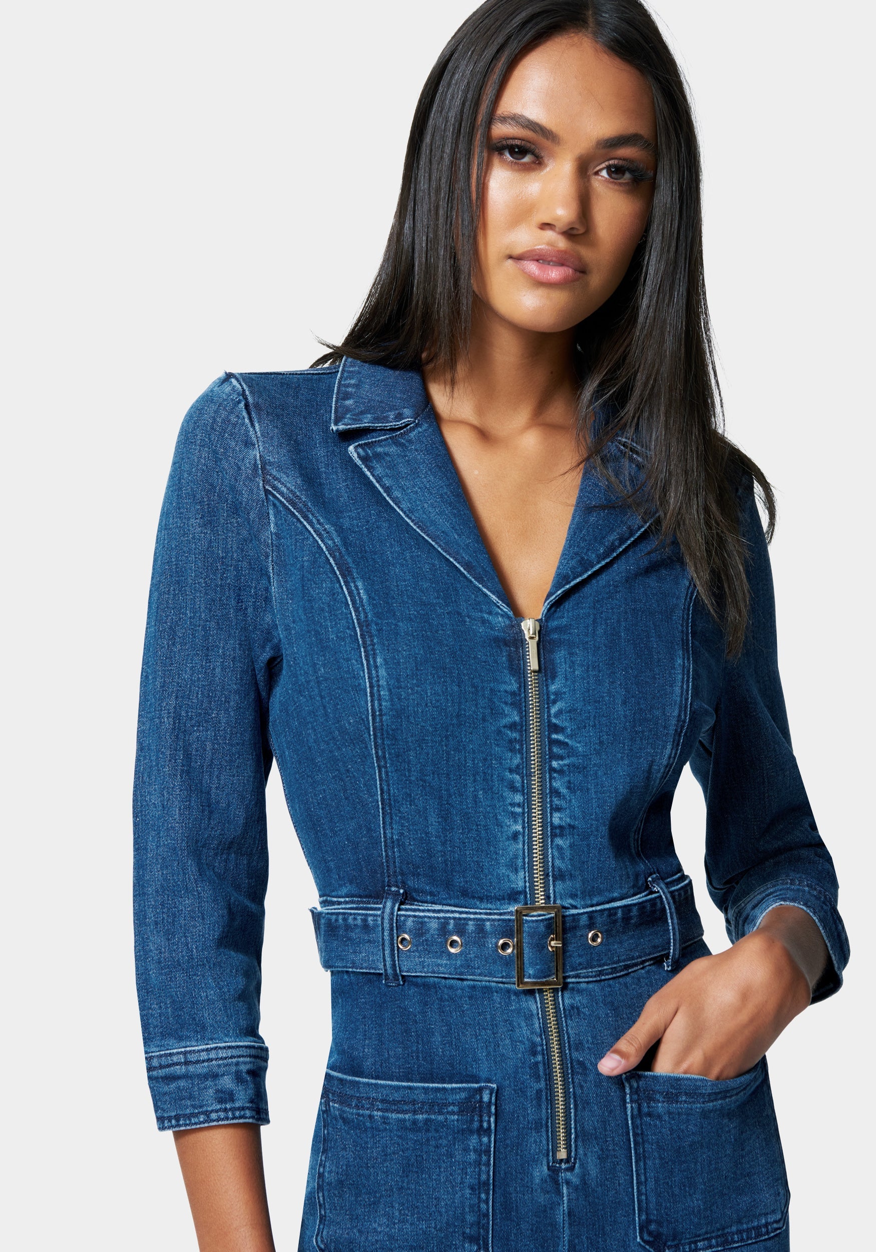 Zip Front Belted Skinny Leg Denim Jumpsuit