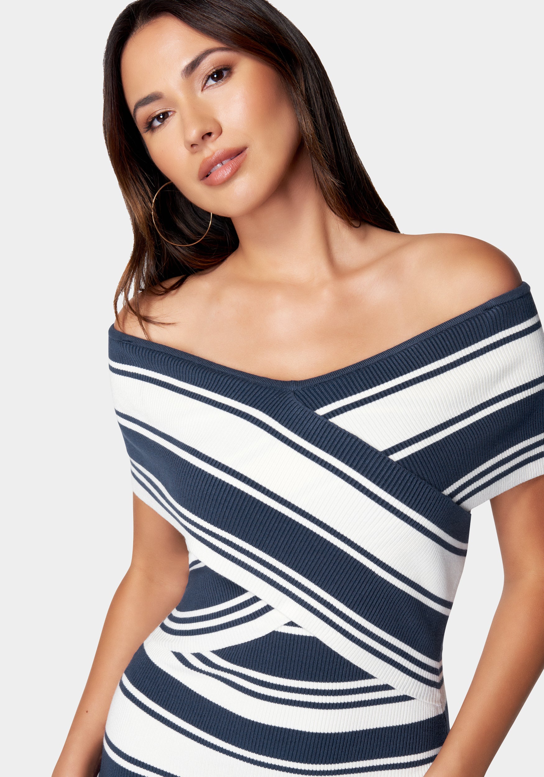 Off Shoulder Striped Sweater Dress