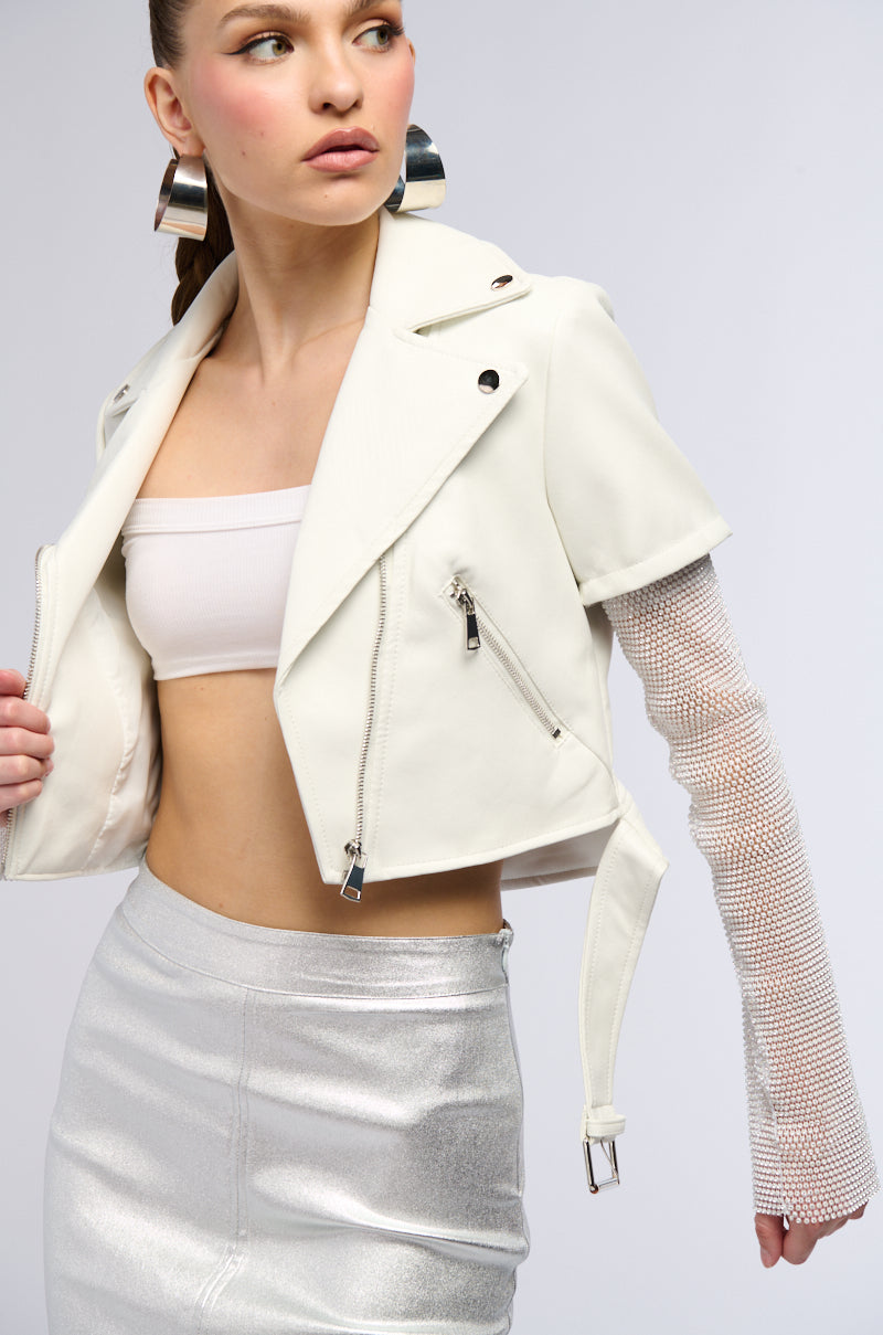 ACEROLA BLING RHINESTONE SLEEVE MOTO JACKET IN WHITE