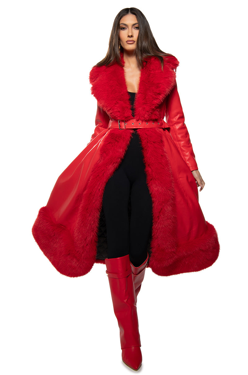 VIVAN LONG PU TRENCH WITH FAUX FUR TRIM