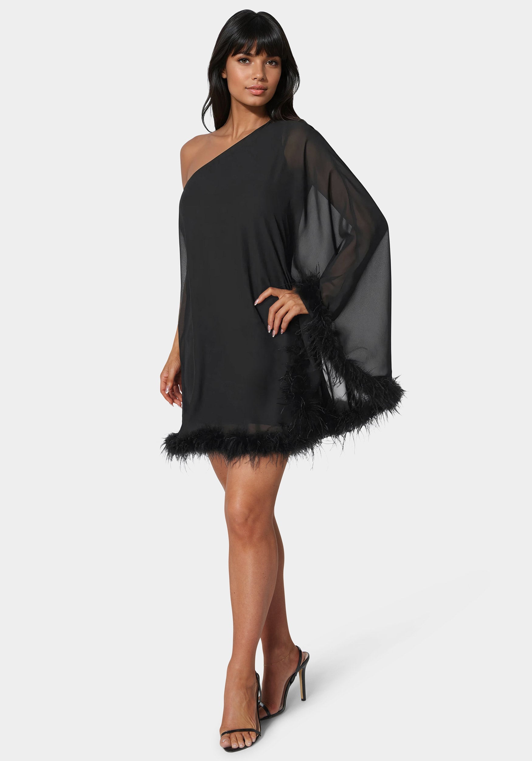 One Shoulder Feather Cape Dress