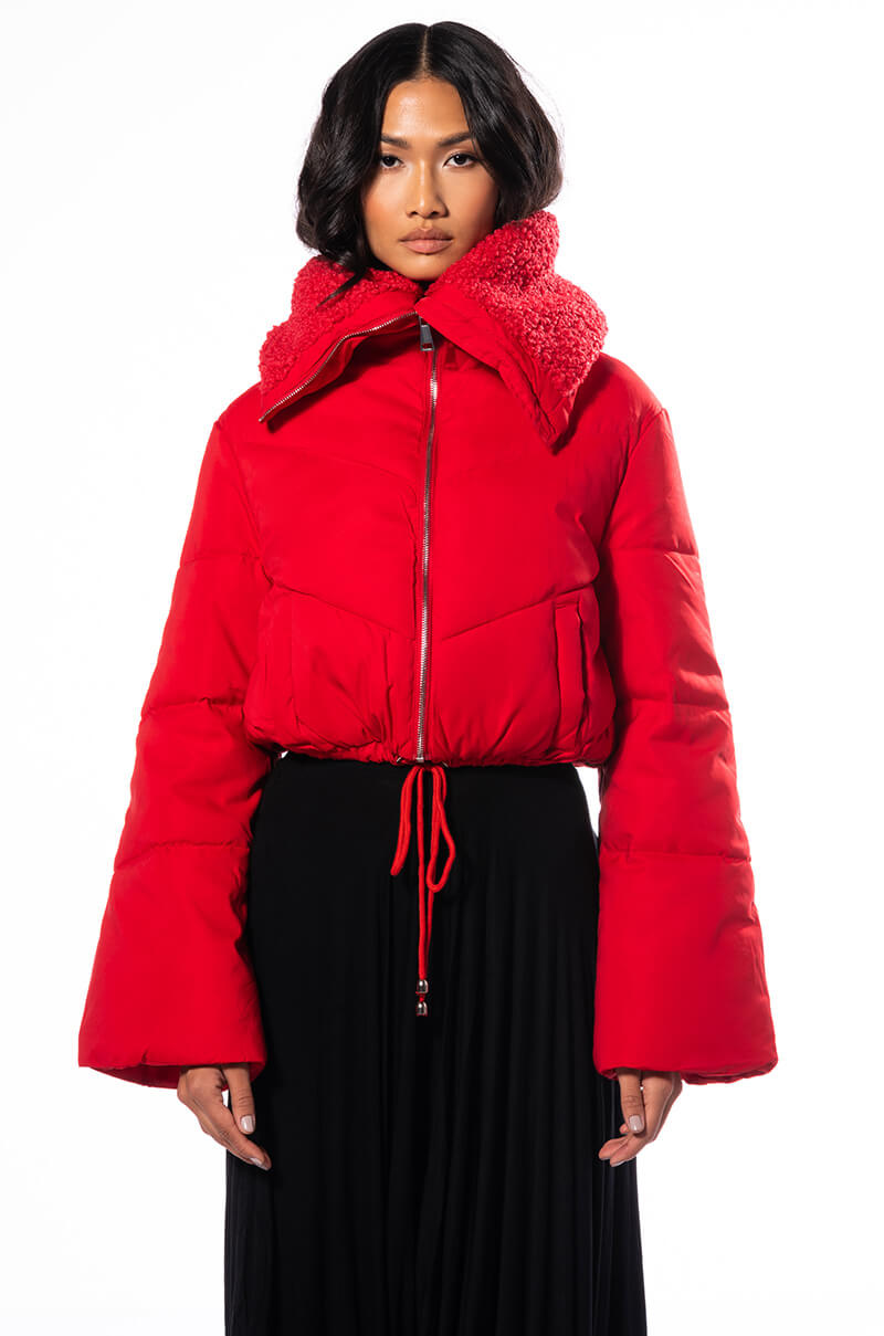 AMANDA CROP PUFFER WITH SHERPA COLLAR