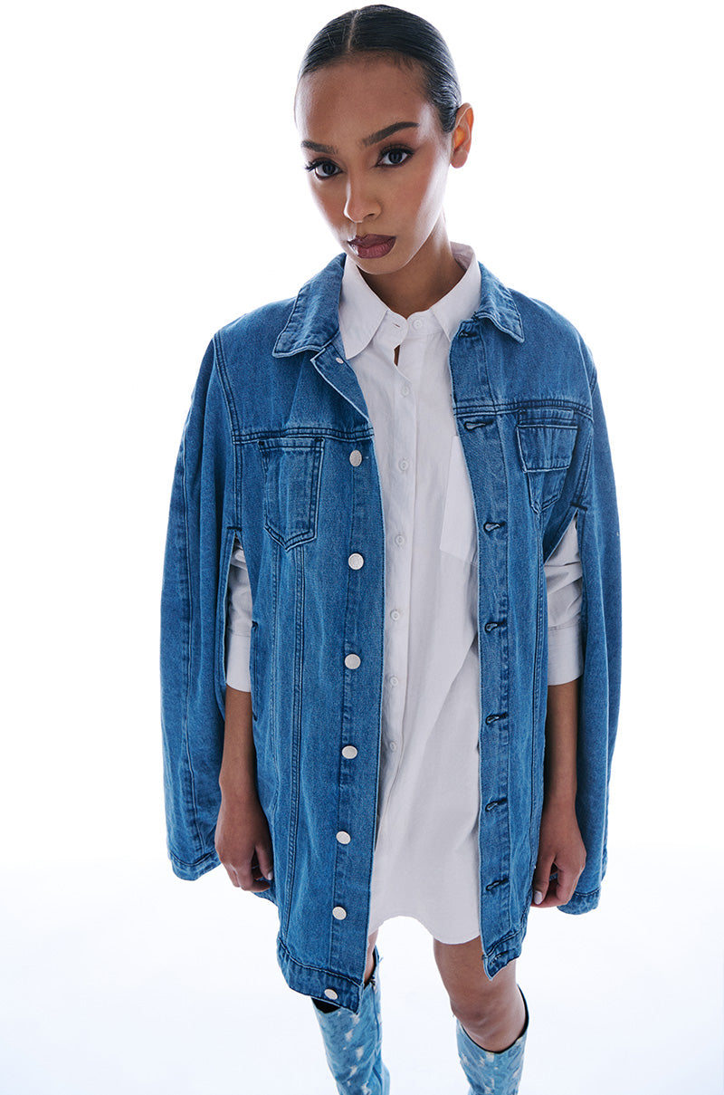 DON'T TALK LOUD DENIM TRENCH PONCHO