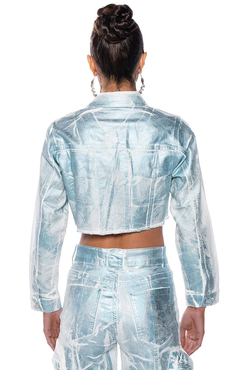 AUBREY BRUSHED METALLIC CROPPED DENIM JACKET