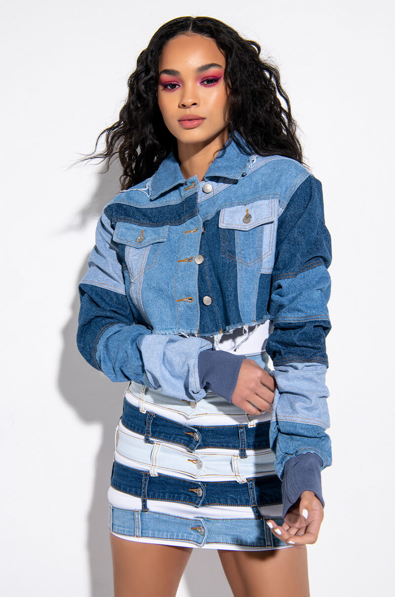 STACKED PATCH WORK CROP DENIM JACKET