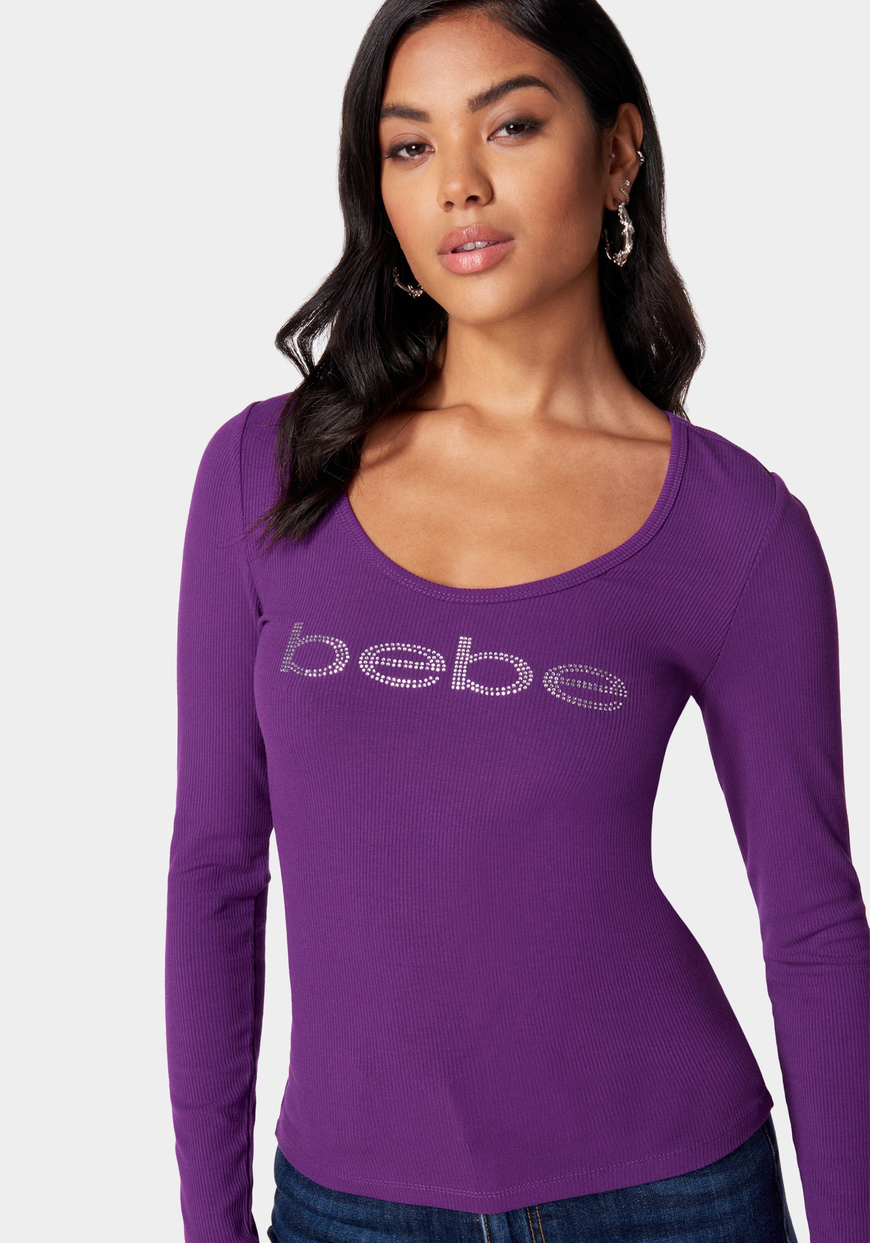 Long Sleeve Scoop Neck Bebe Logo Rib Top