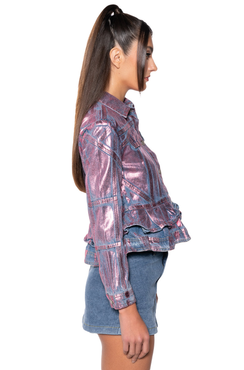 METALLIC DENIM PEPLUM JACKET