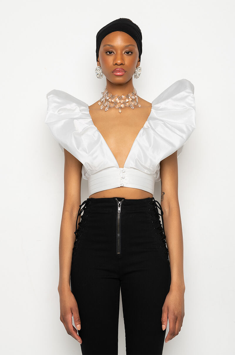 PUFF SHOULDER CROPPED BLOUSE IN WHITE