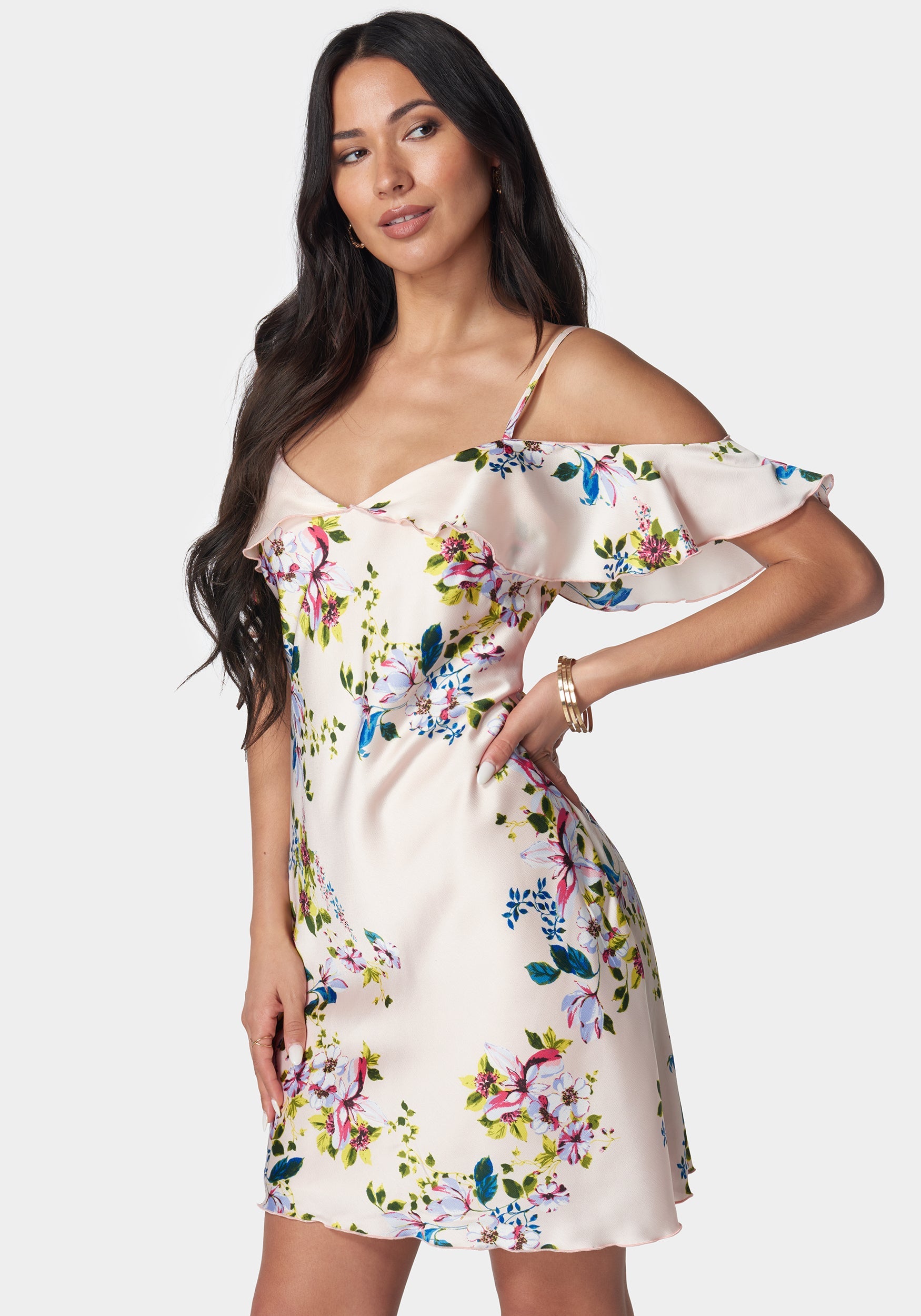 Satin Printed Cold Shoulder Dress