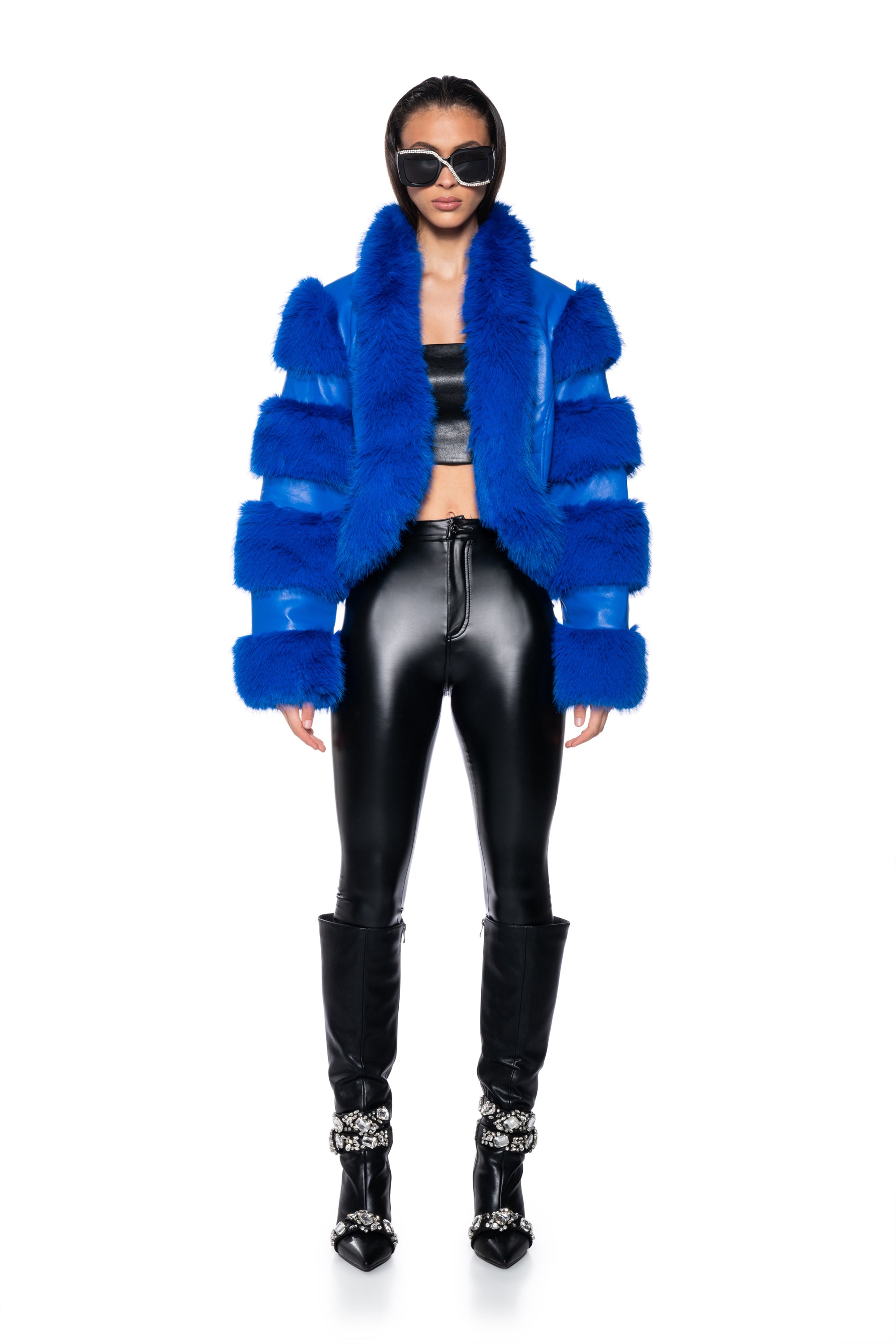 LOVERBOY FAUX FUR MOTO JACKET IN BLUE