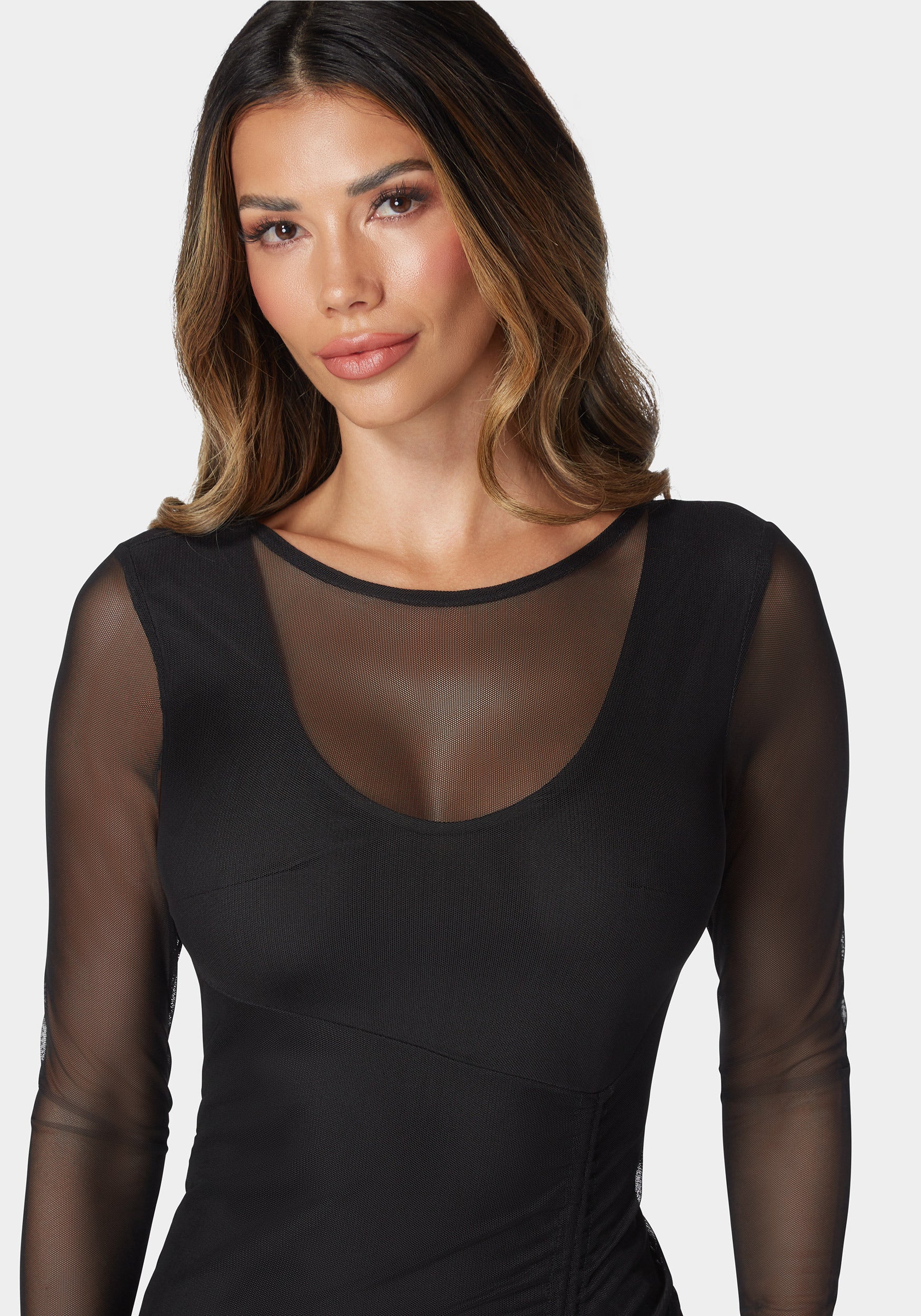 Long Sleeve Mesh Ruched Dress