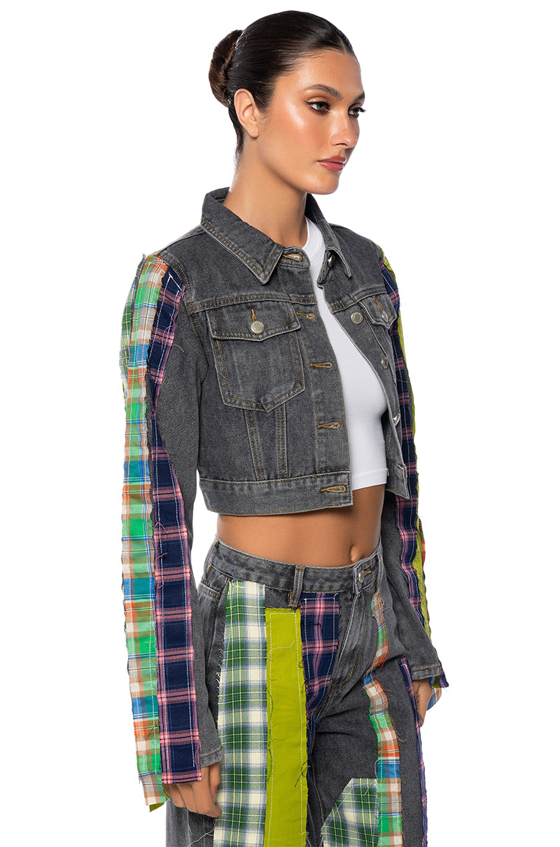 SOMETHIN NEW PLAID DETAIL DENIM JACKET