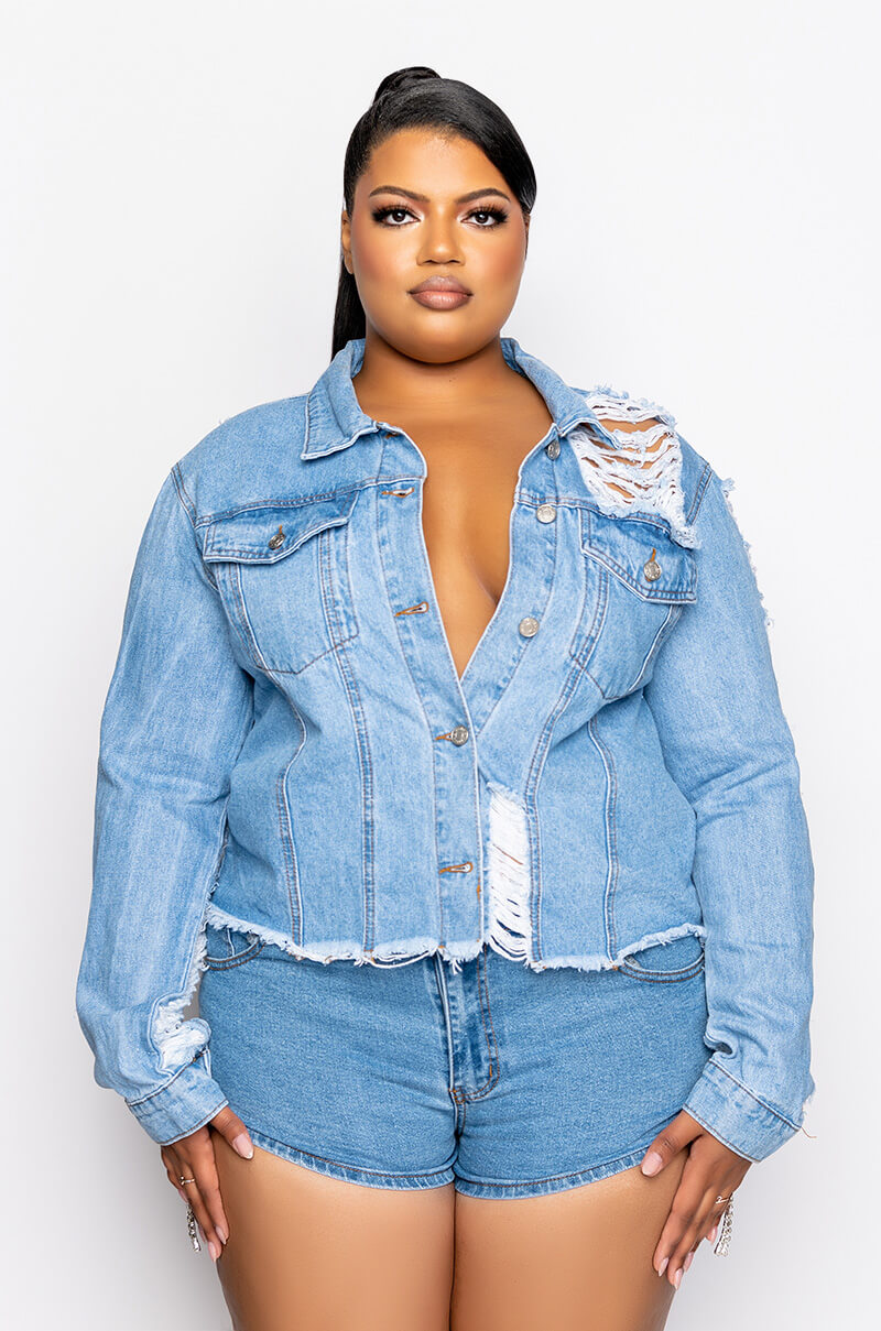 PLUS ULTRA DISTRESSED CROP DENIM JACKET