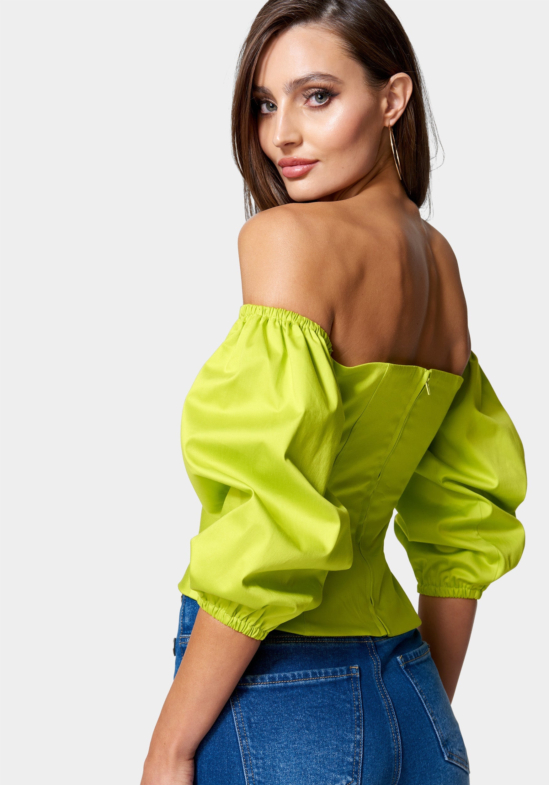 Poplin Bubble Sleeve Off Shoulder Draped Top