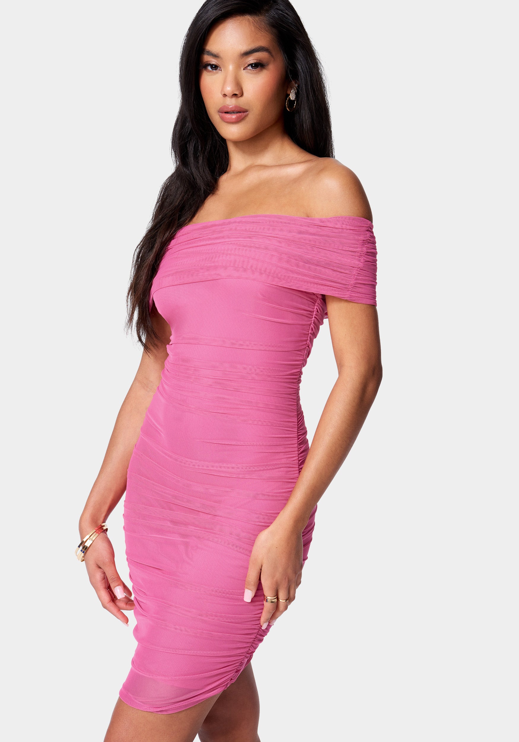 Off Shoulder Mesh Ruched Dress