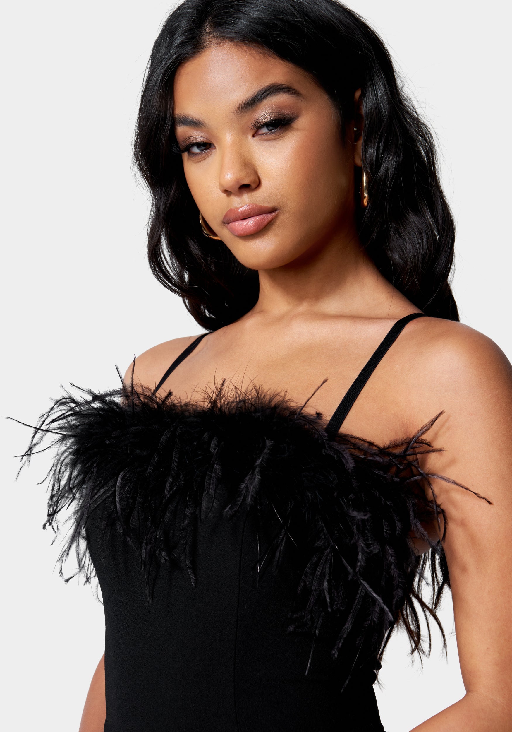 Feather Trim Split Hem Jumpsuit