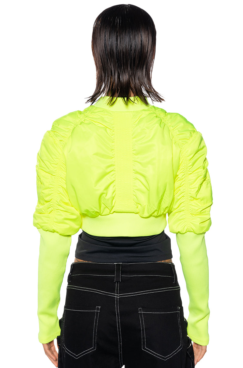 BABBS SKINNY ARM BOMBER JACKET IN NEON YELLOW