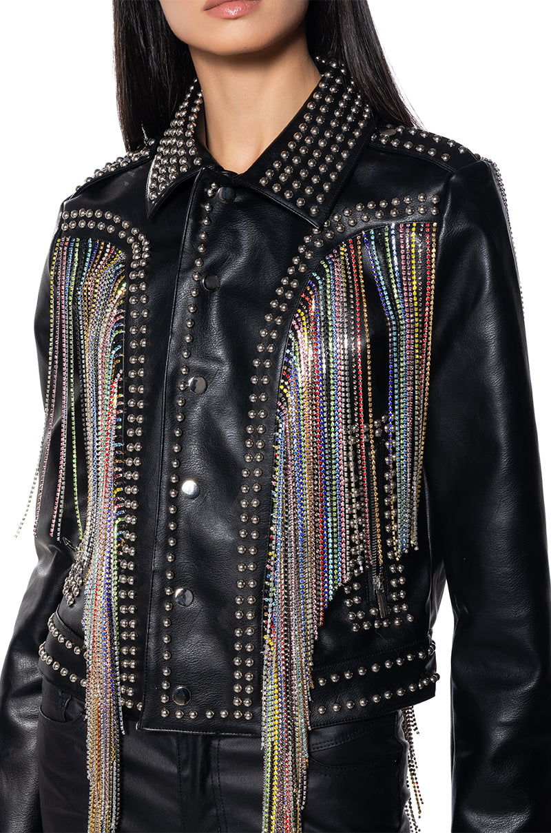 TAKE A CHANCE ON ME RHINESTONE FRINGE MOTO