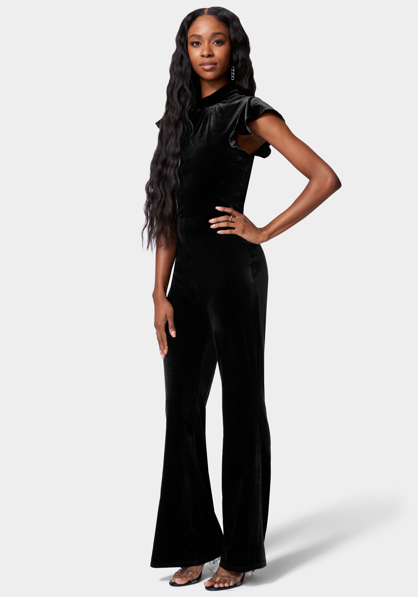 Ruffle Sleeve Flare Leg Velvet Jumpsuit