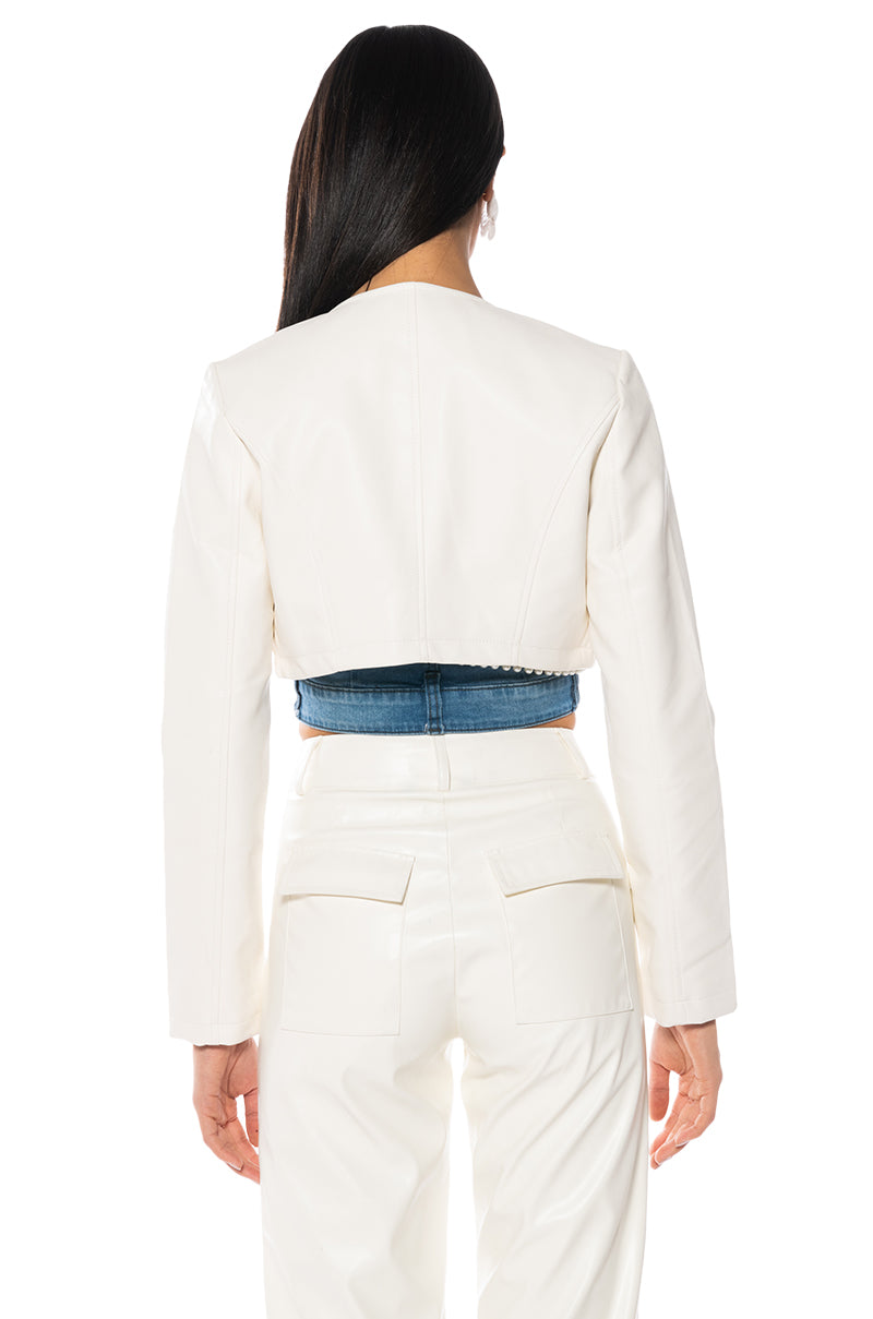 MASTER CROP ANGLE FAUX LEATHER BLAZER IN WHITE