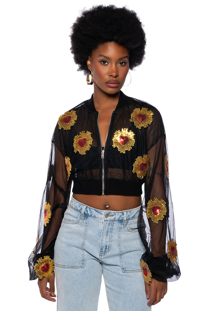 BELLA HEART EMBELLISHED MESH CROP BOMBER