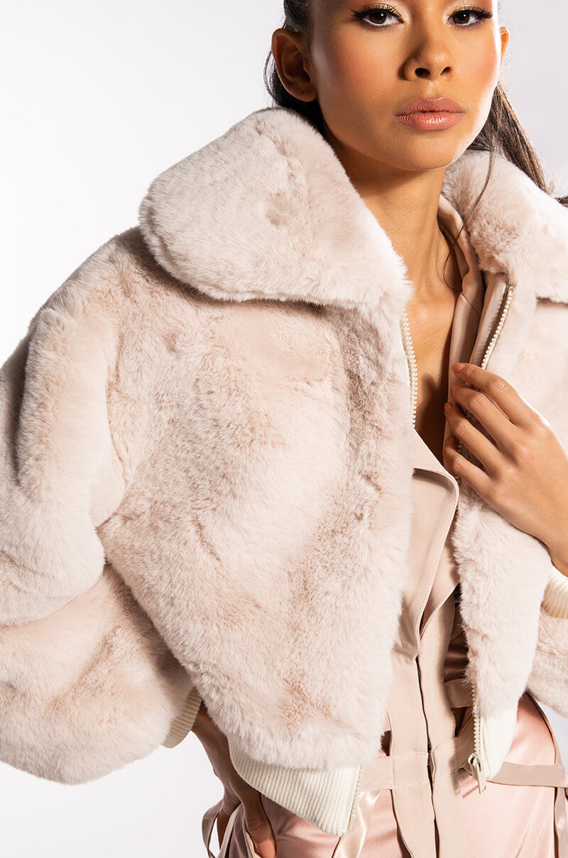 DREW FAUX FUR BOMBER WITH RIB TRIM