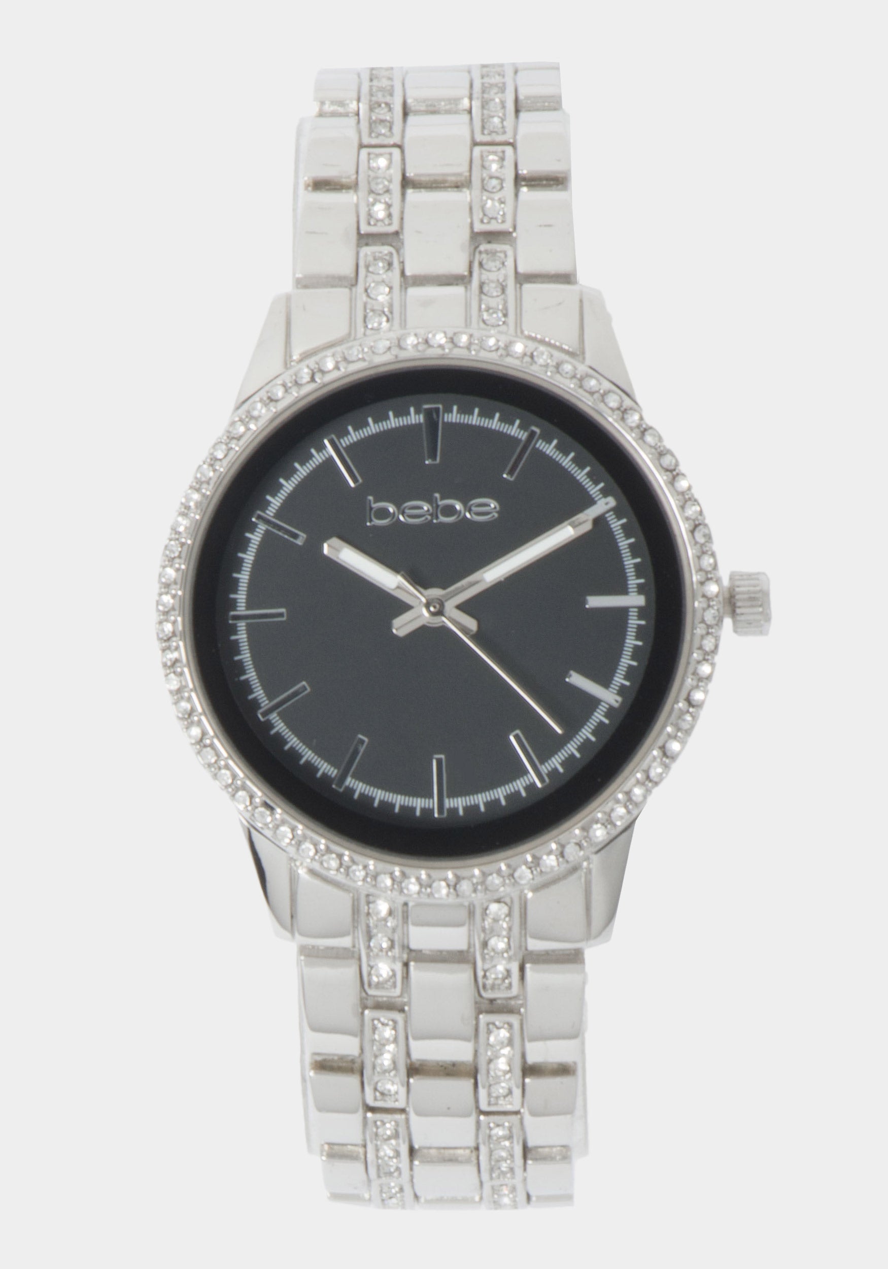 Glossy Black Dial Crystal Bezel Watch