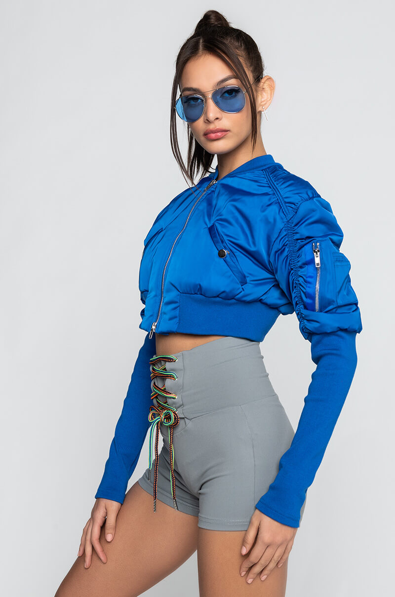 BABBS SKINNY ARM BOMBER JACKET IN BLACK BLUE