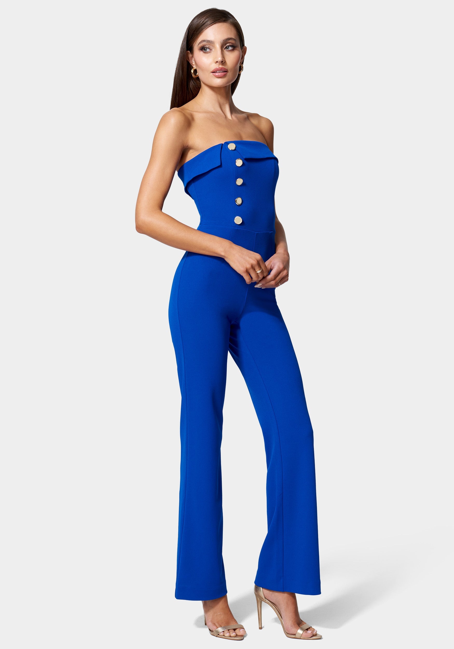 Knit Crepe Strapless Button Detail Wide Leg Jumpsuit