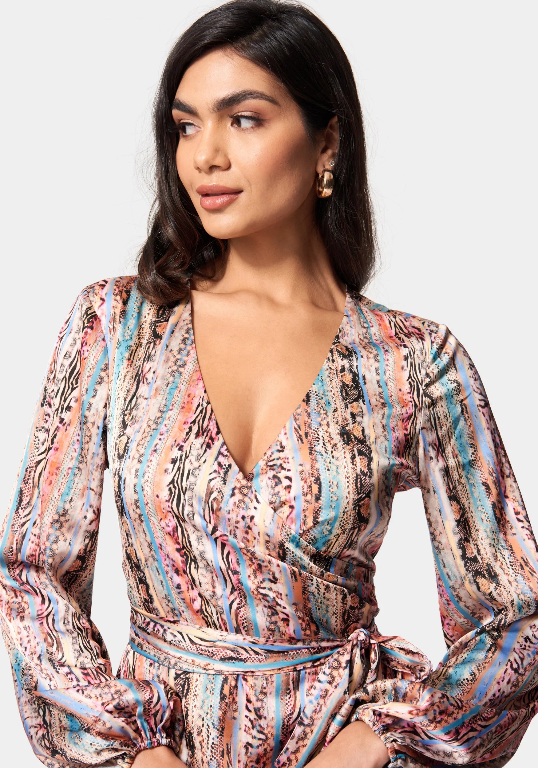 Printed Satin Wrap High Low Dress