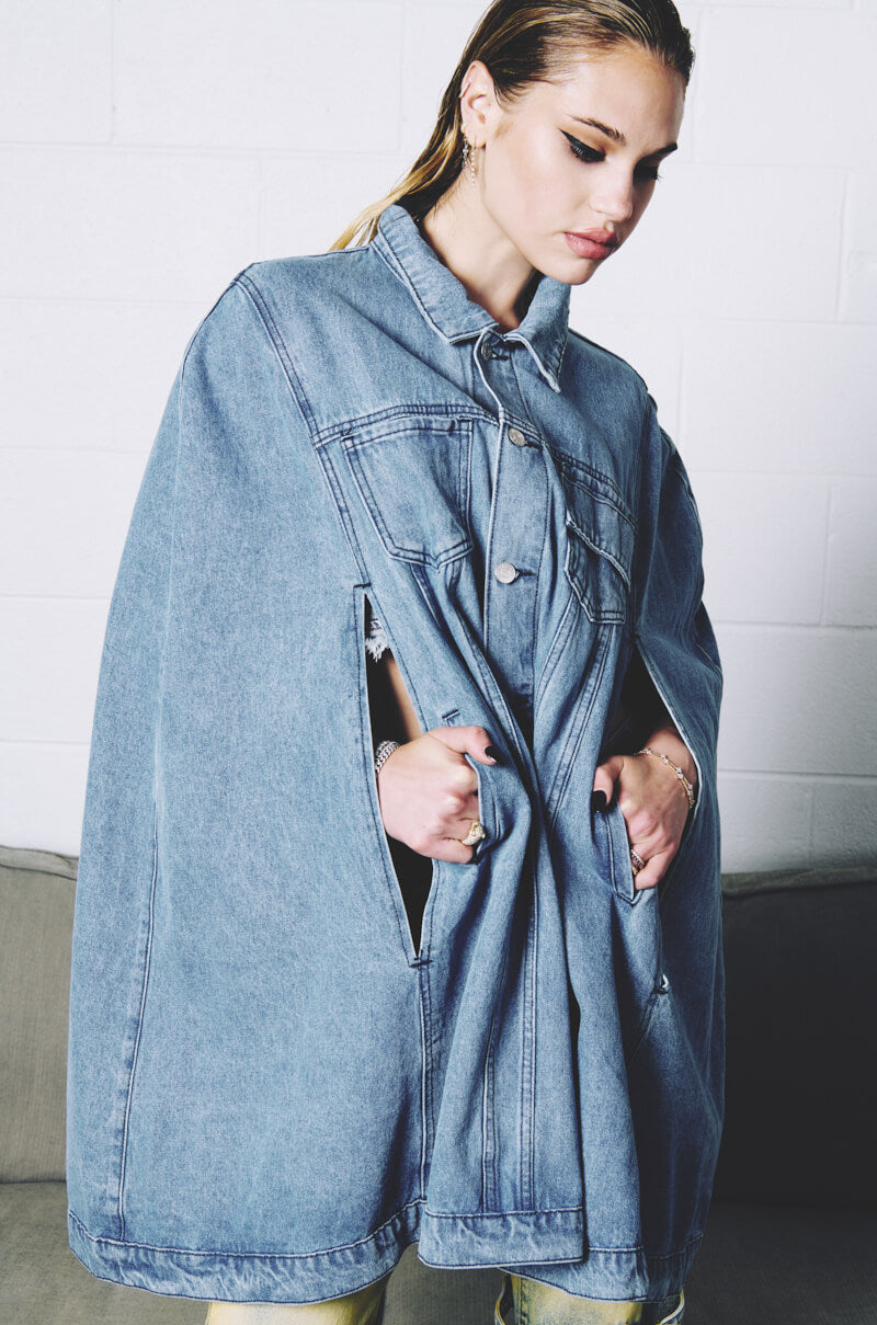 DON'T TALK LOUD DENIM TRENCH PONCHO