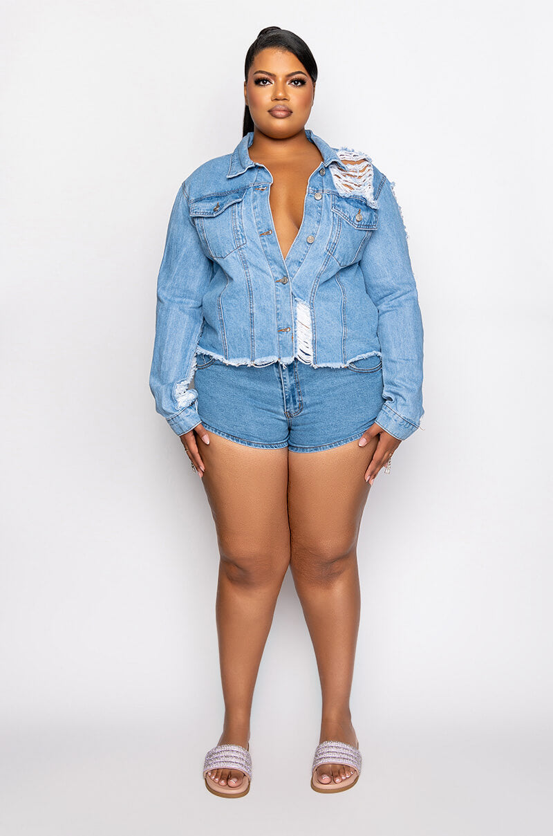 PLUS ULTRA DISTRESSED CROP DENIM JACKET