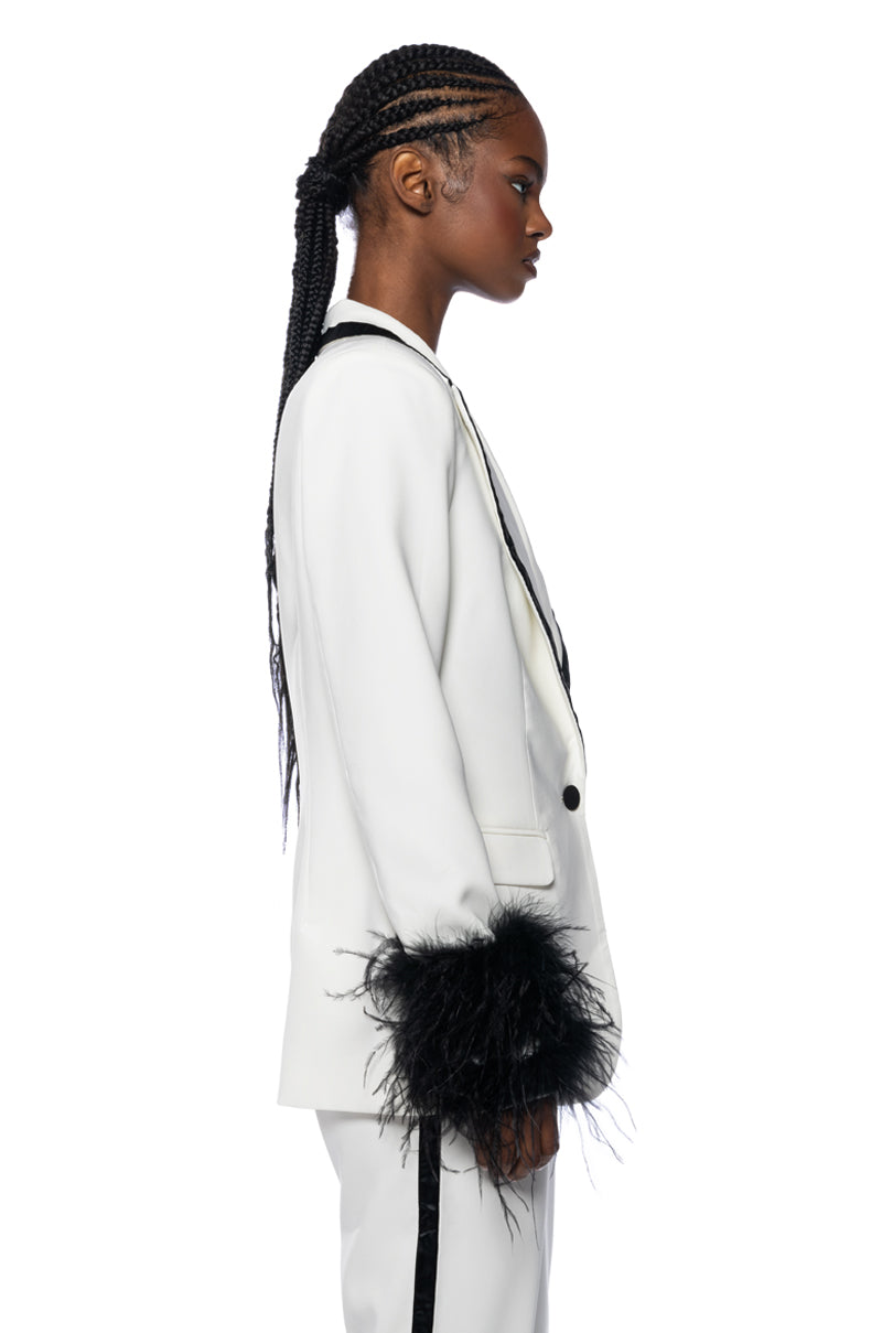 LANTIS WHITE BLAZER WITH FEATHER TRIM