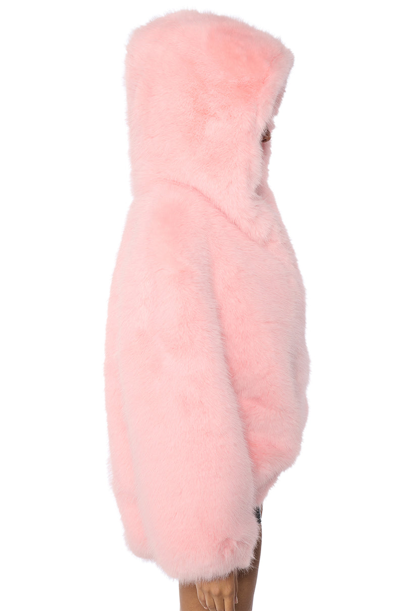 LANA HOODED FAUX FUR COAT IN PINK