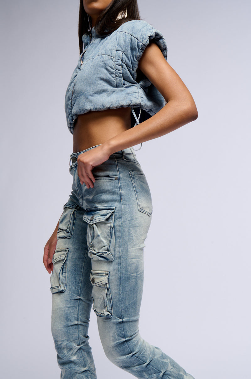 ULTRA CROP DENIM VEST WITH PULL STRINGS