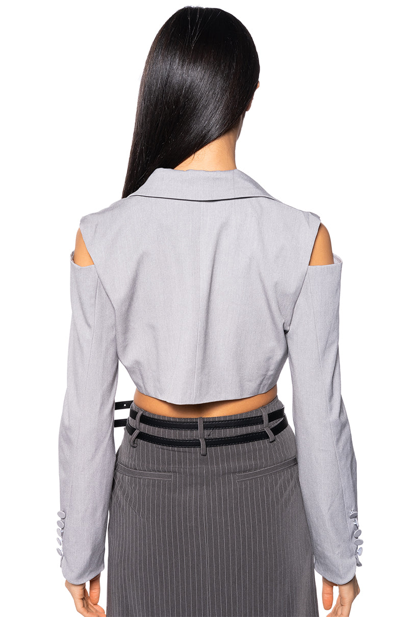 CLOCKING OUT CROP COLD SHOULDER BLAZER