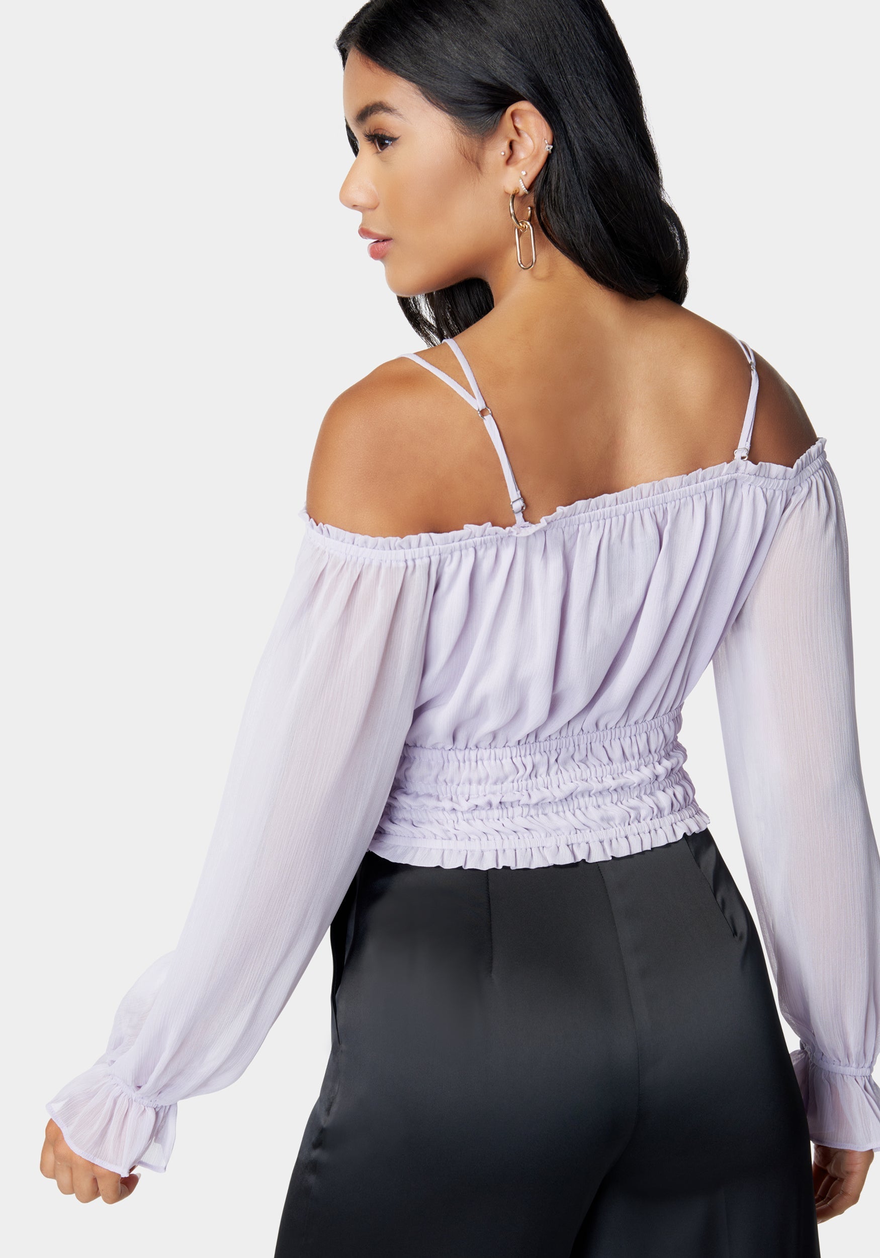 Multi Strap Cold Shoulder Ruched Blouse