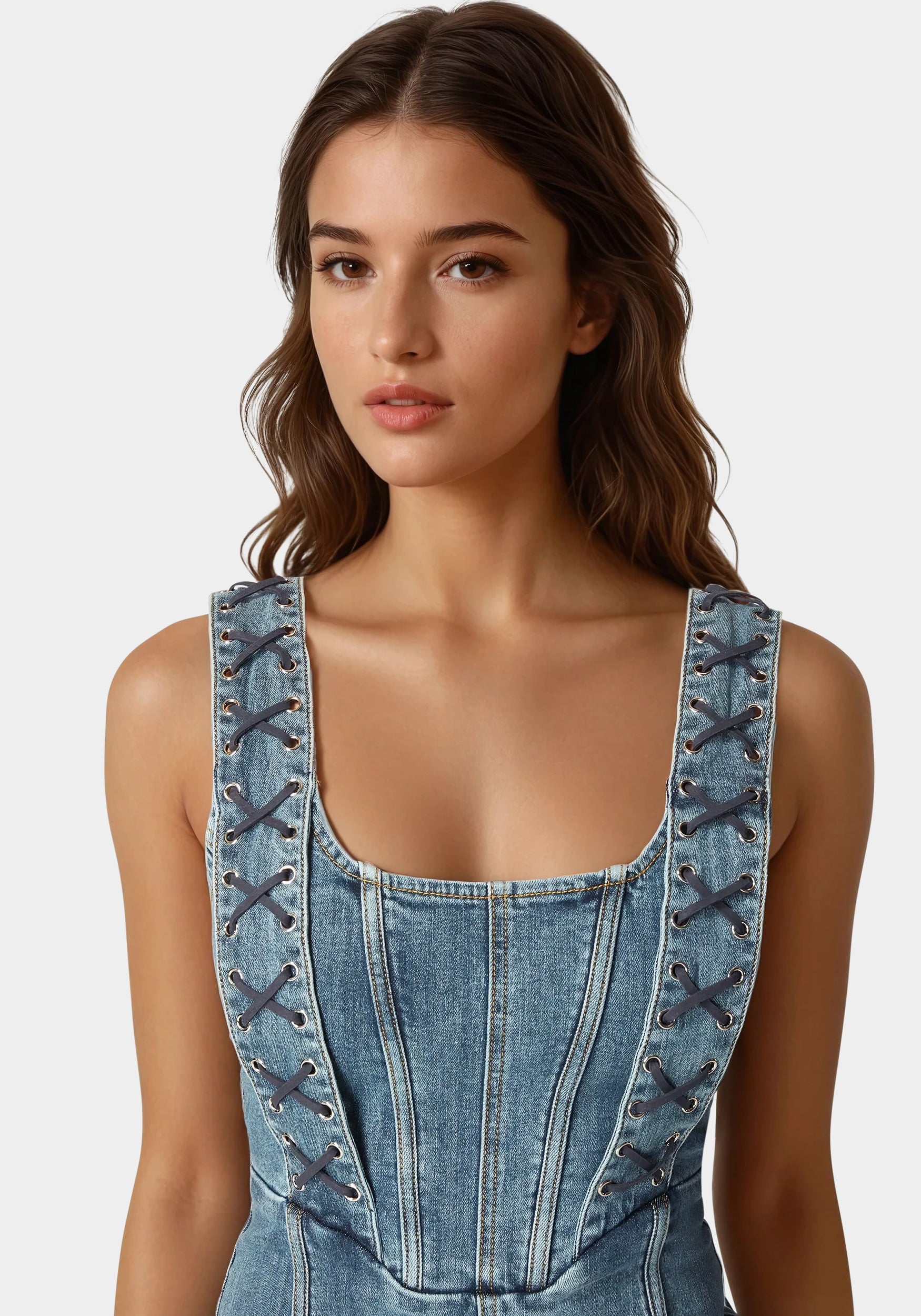 Bow Fitted Eyelet Denim Dress