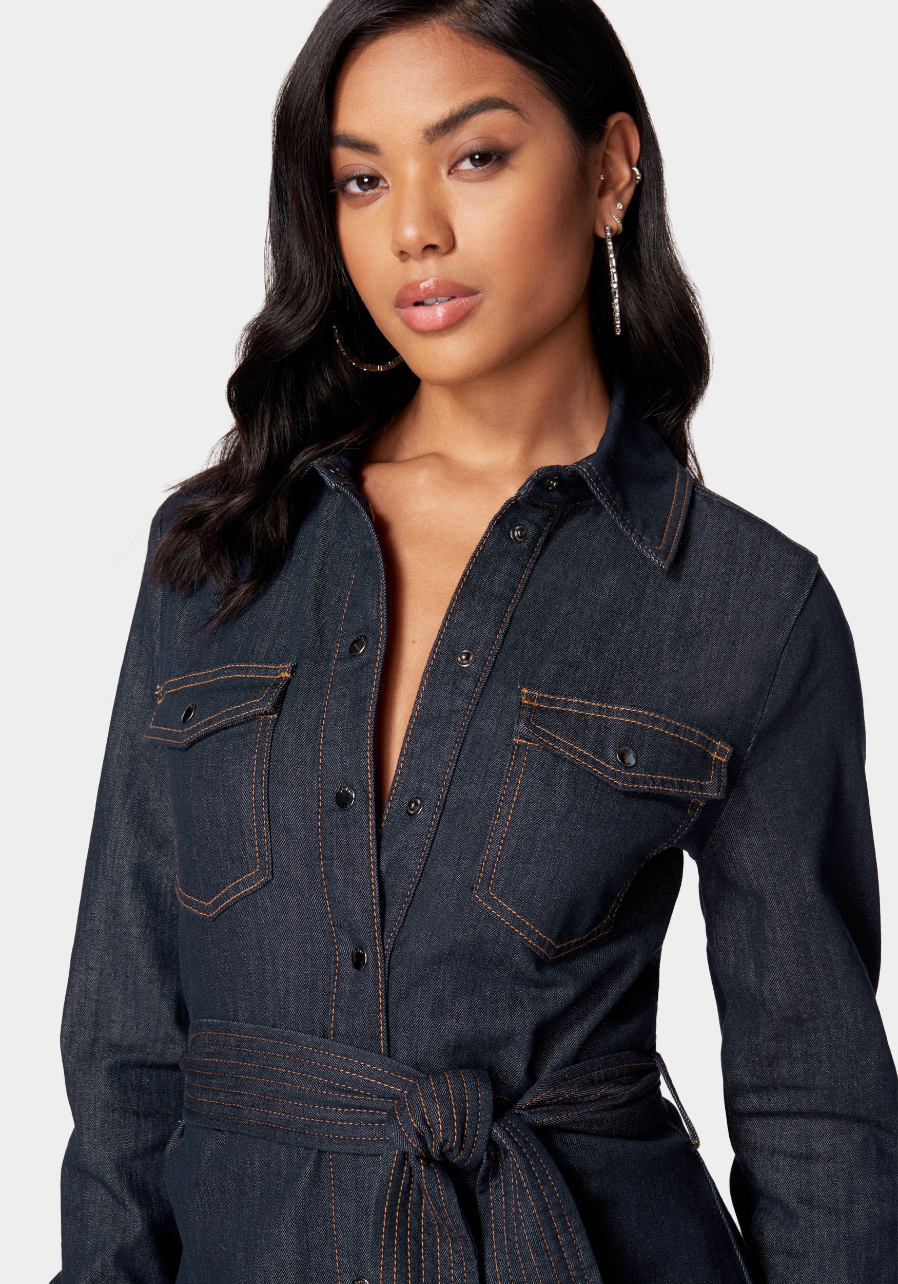 Belted Button Down Denim Shirt Dress