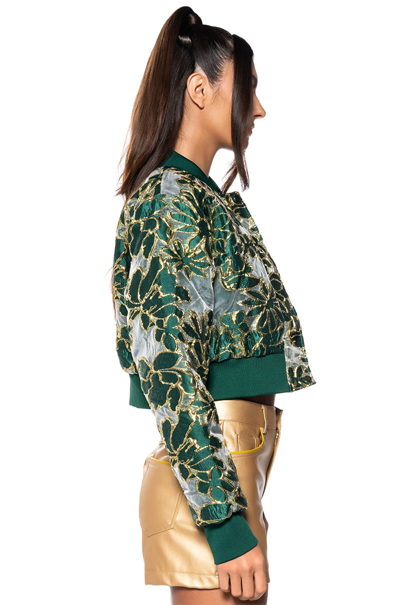 HOLIDAY TAPESTRY\ BOMBER WITH SHEER BROCADE